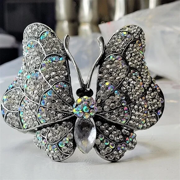 Large Rhinestone Butterfly Hinged Cuff Bracelet - Picture 9 of 14